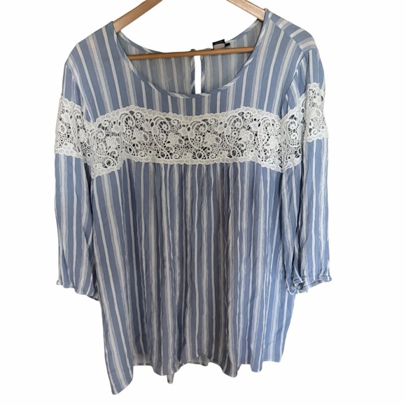 Torrid Womens Blue & White Stripe Gauze Blouse Size 3 Crochet Trim 3/4 Sleeves - Picture 4 of 8